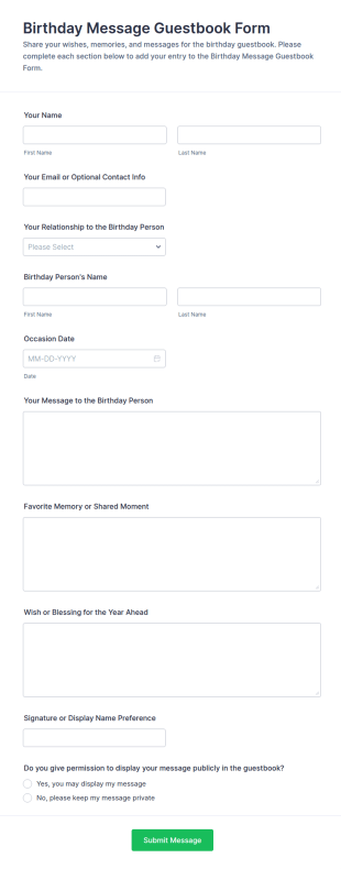 Birthday Message Guestbook Form Template