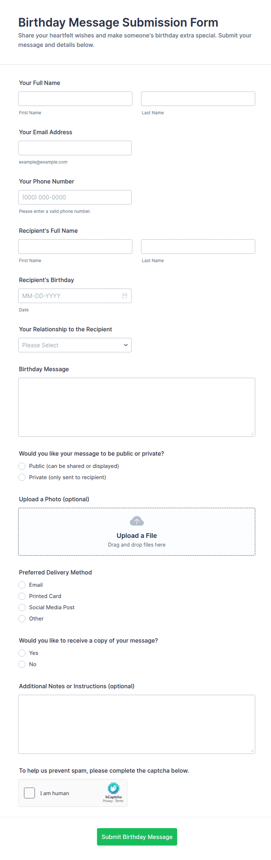 Birthday Message Submission Form Template | Jotform
