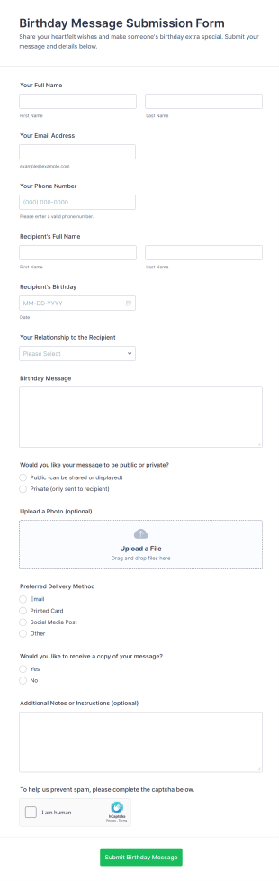 Birthday Message Submission Form Template