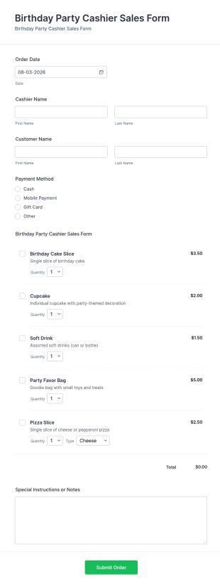 Birthday Party Cashier Sales Form Template