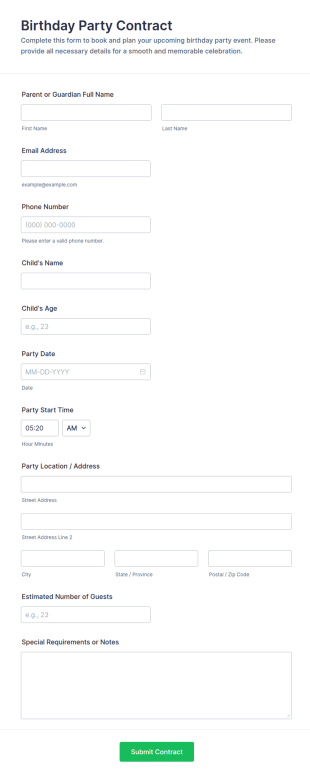 Birthday Party Contract Form Template