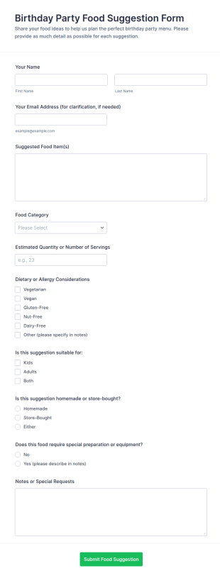Birthday Party Food Suggestion Form Template