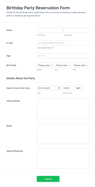 Birthday Party Form Template