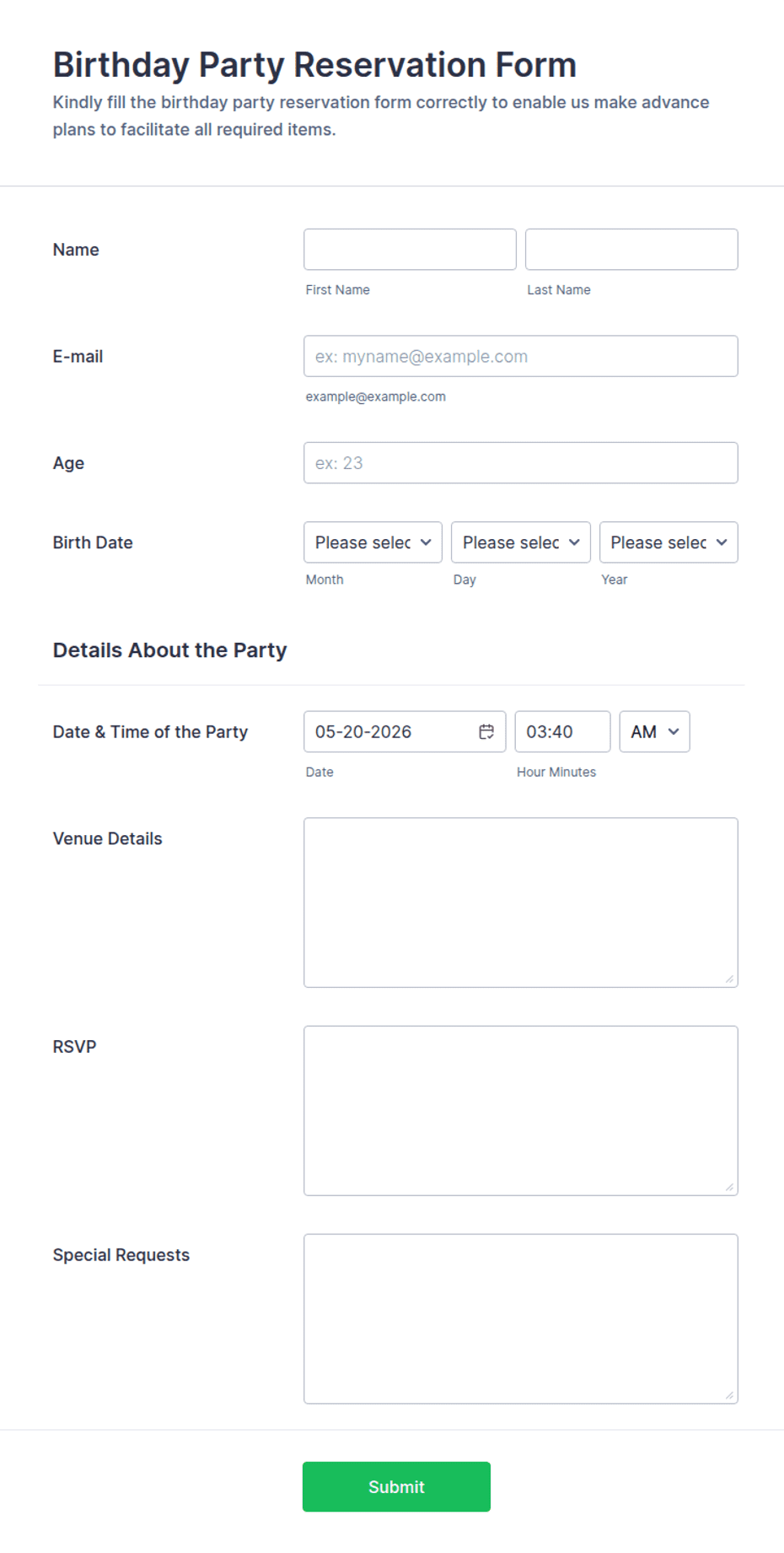 Birthday Party Form Template | Jotform