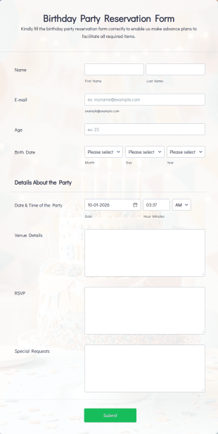 Birthday Party Form Template