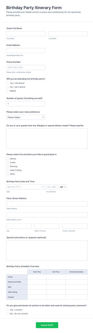 Birthday Party Itinerary Form Template