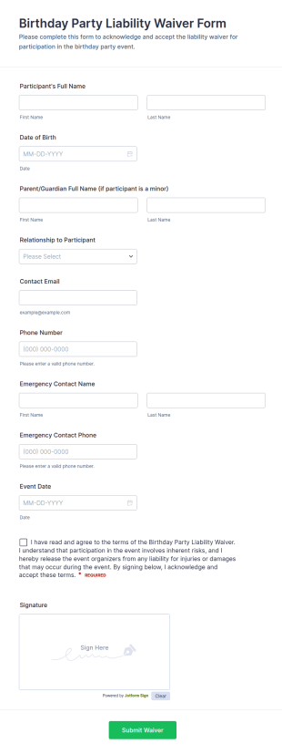 Birthday Party Liability Waiver Form Template