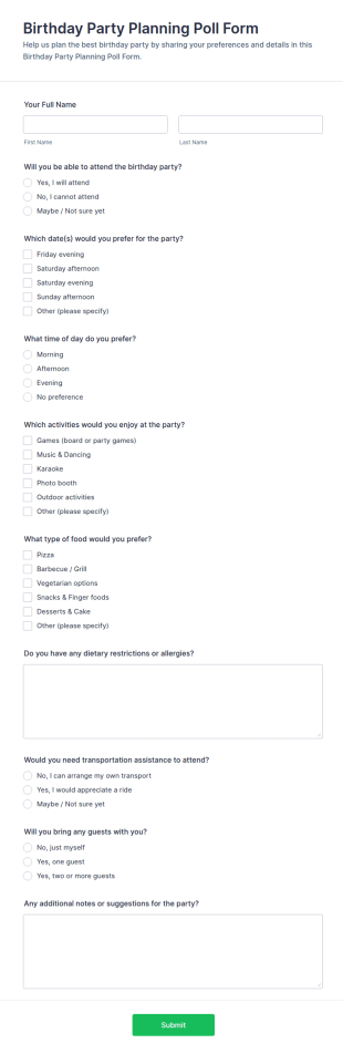 Birthday Party Planning Poll Form Template