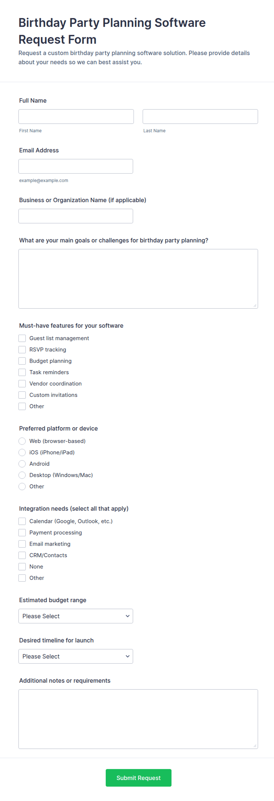 Birthday Party Planning Software Request Form Template | Jotform