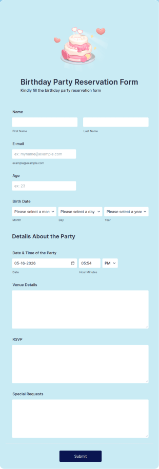 Birthday Party Reservation Form Template