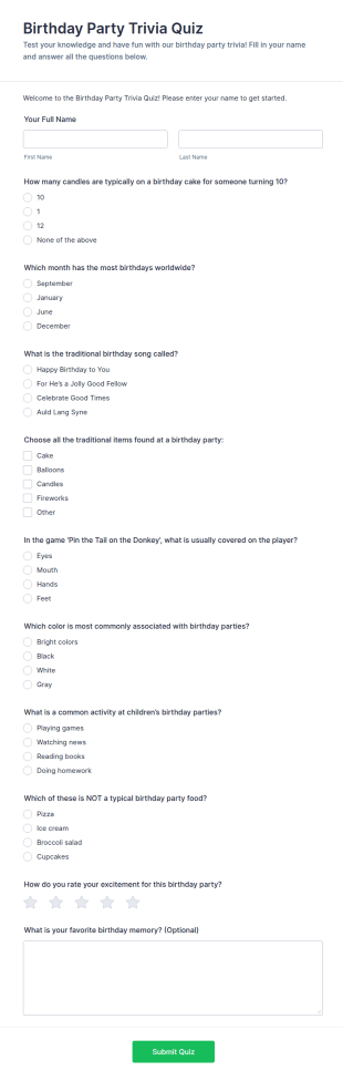 Birthday Party Trivia Quiz Form Template