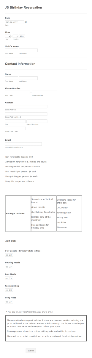 Birthday Reservation Form Template