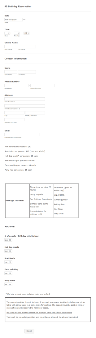 Birthday Reservation Form Template