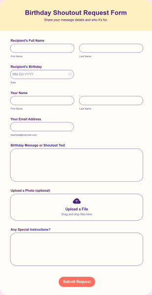 Birthday Shoutout Request Form Template