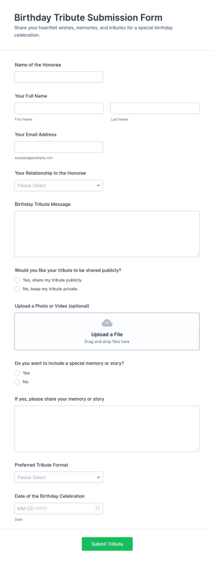 Birthday Tribute Submission Form Template