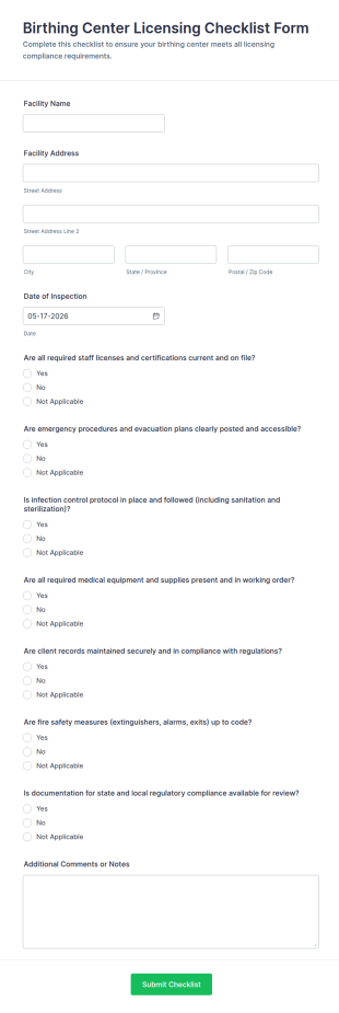 Birthing Center Licensing Checklist Form Template