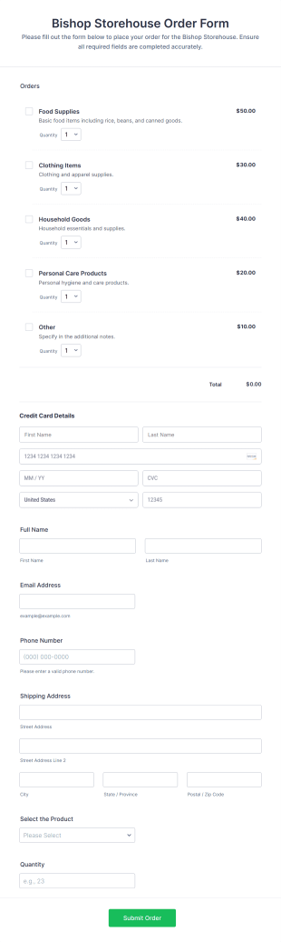 Bishop Storehouse Order Form Template