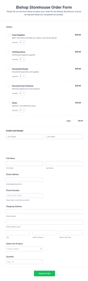 Bishop Storehouse Order Form Template