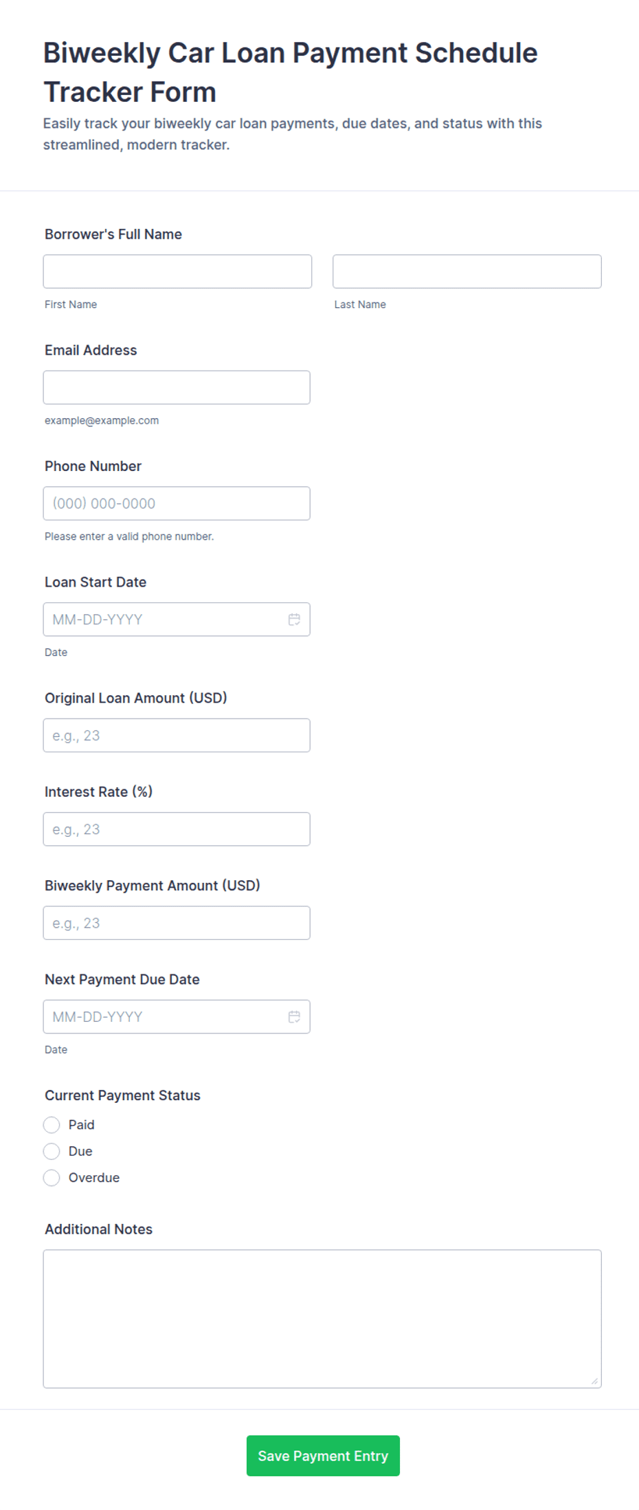 Biweekly Car Loan Payment Schedule Tracker Form Template | Jotform
