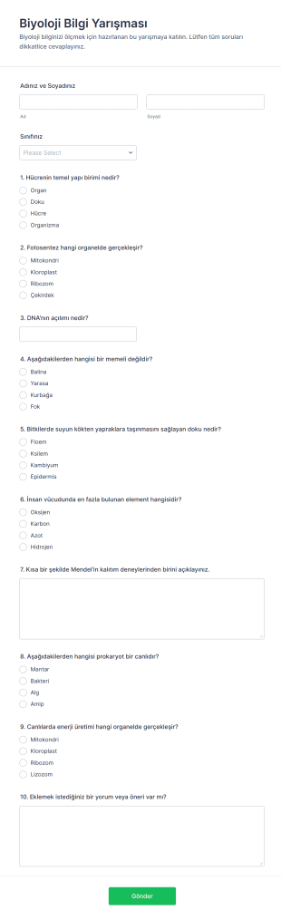 Biyoloji Bilgi Yarışması Form Şablonu