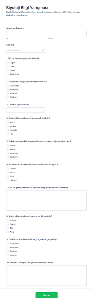 Biyoloji Bilgi Yarışması Form Şablonu