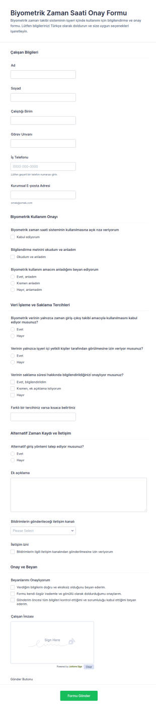 Biyometrik Zaman Sayacı Onay Form Şablonu