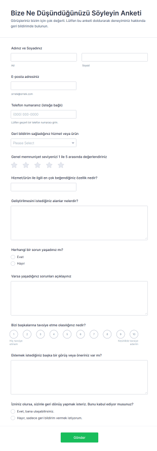 Bize Ne Düşündüğünüzü Söyleyin Anketi Form Şablonu