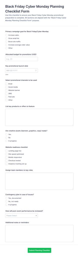 Black Friday Cyber Monday Planning Checklist Form Template