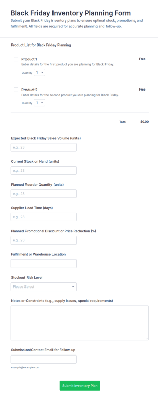 Black Friday Inventory Planning Form Template