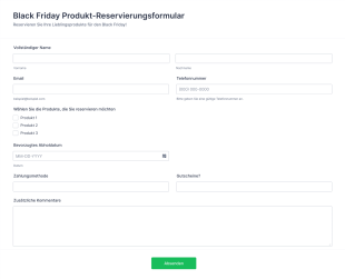Black Friday Produkt Reservierungsformular Form Template