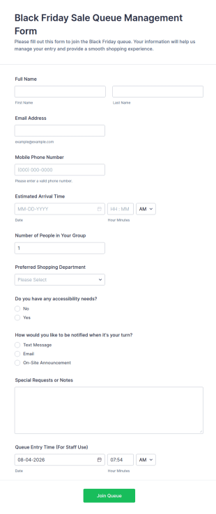Black Friday Sale Queue Management Form Template