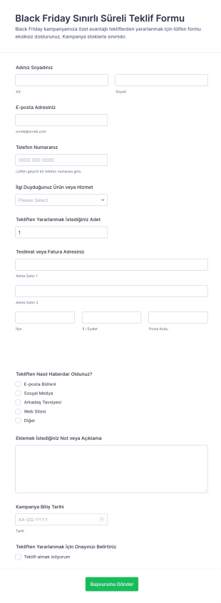 Black Friday Sınırlı Süreli Teklif Form Şablonu