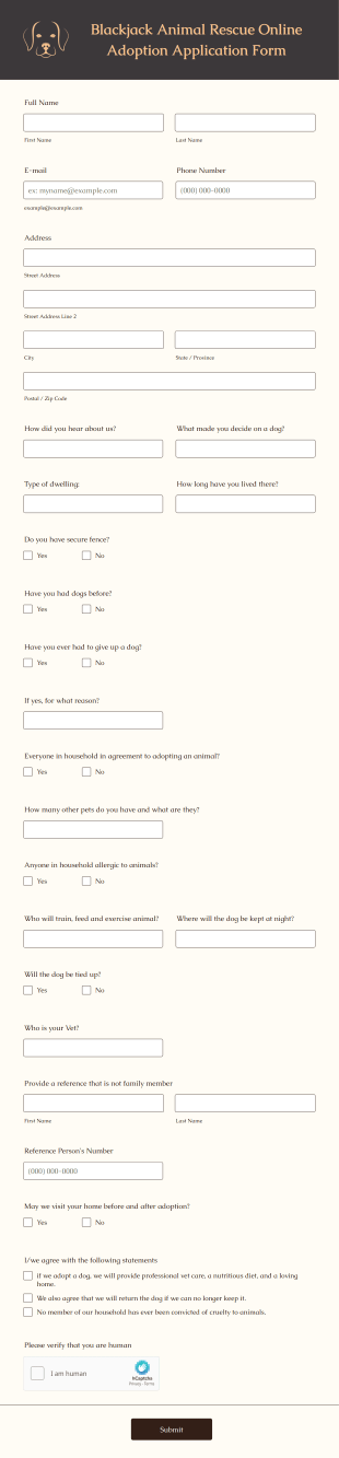 Blackjack Animal Rescue Online Application Form Template
