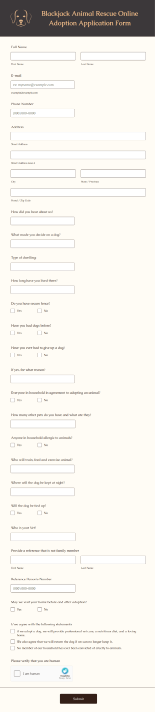 Blackjack Animal Rescue Online Application Form Template