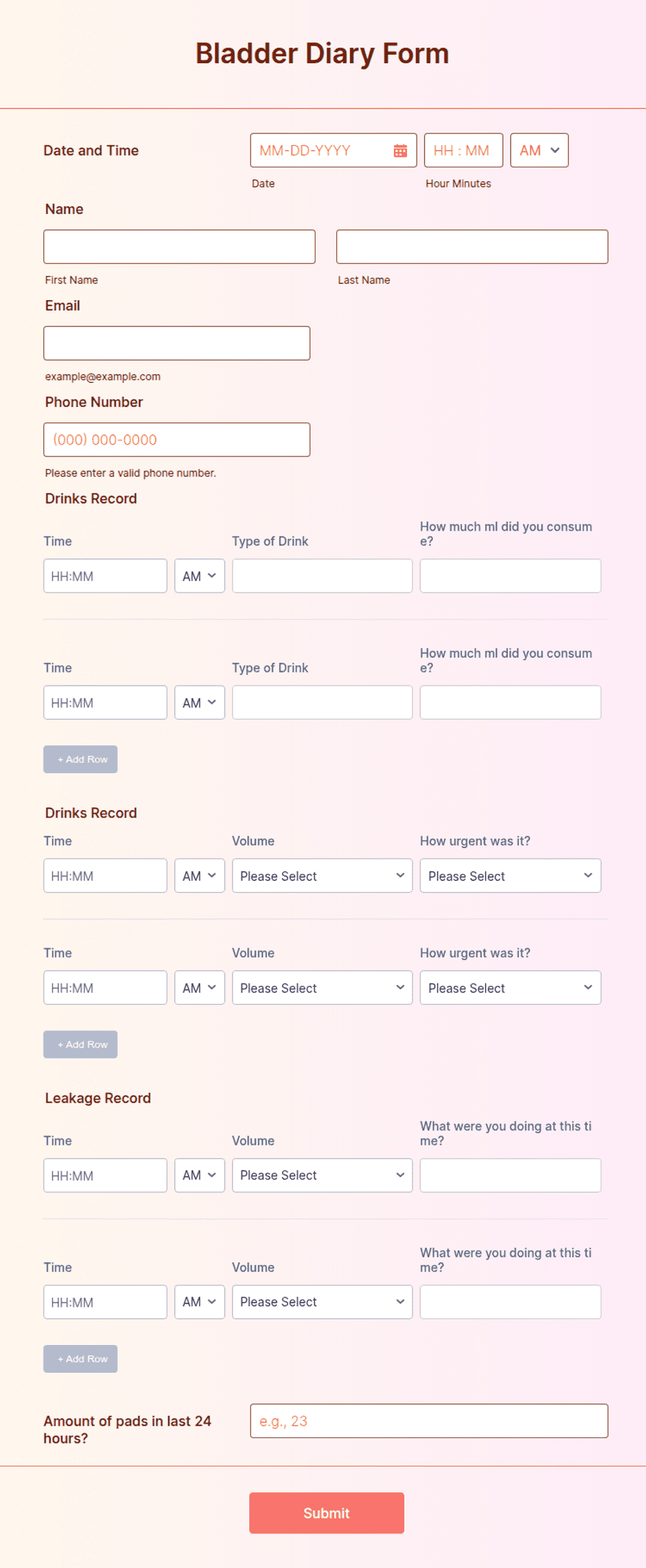 Diary Sample Form Bladder Diary Form Template | Jotform