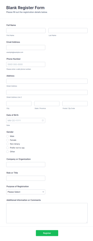 Blank Register Form Template