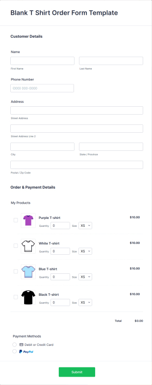 Blank T Shirt Order Form Template