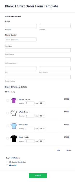 Blank T Shirt Order Form Template