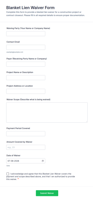 Blanket Lien Waiver Form Template