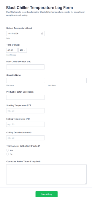 Blast Chiller Temperature Log Form Template