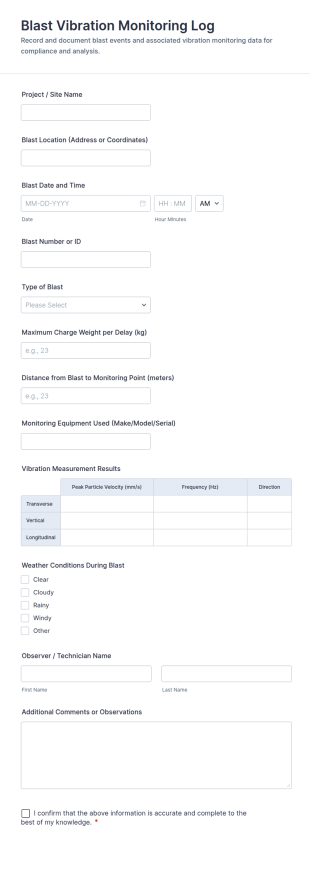 Blast Vibration Monitoring Log Form Template