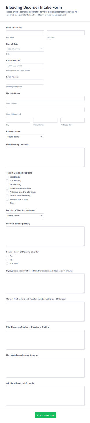 Bleeding Disorder Intake Form Template