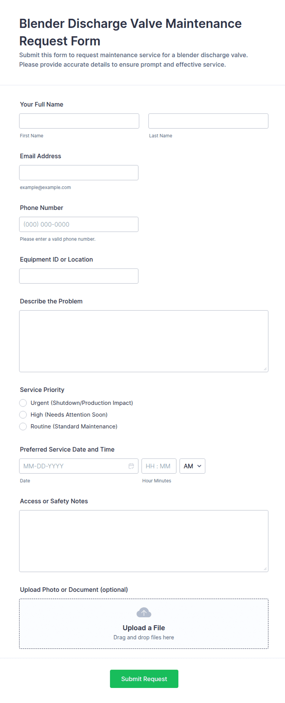Blender Discharge Valve Maintenance Request Form Template | Jotform