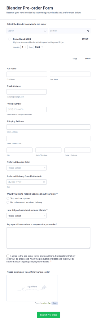 Blender Pre Order Form Template