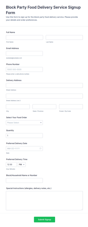 Block Party Food Delivery Signup Form Template