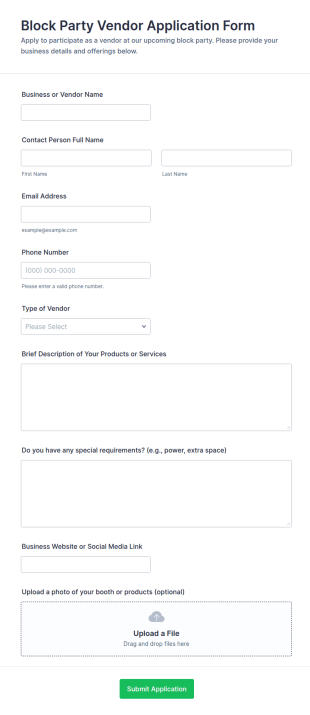 Block Party Vendor Application Form Template