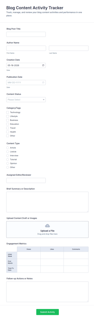 Blog Content Activity Tracker Form Template