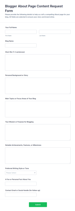 Blogger About Page Content Request Form Template