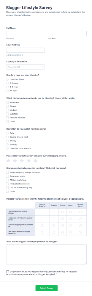 Blogger Lifestyle Survey Form Template