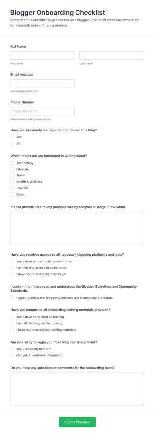 Blogger Onboarding Checklist Form Template